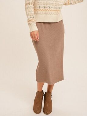 Hem & Thread Taupe Ribbed Midi Skirt